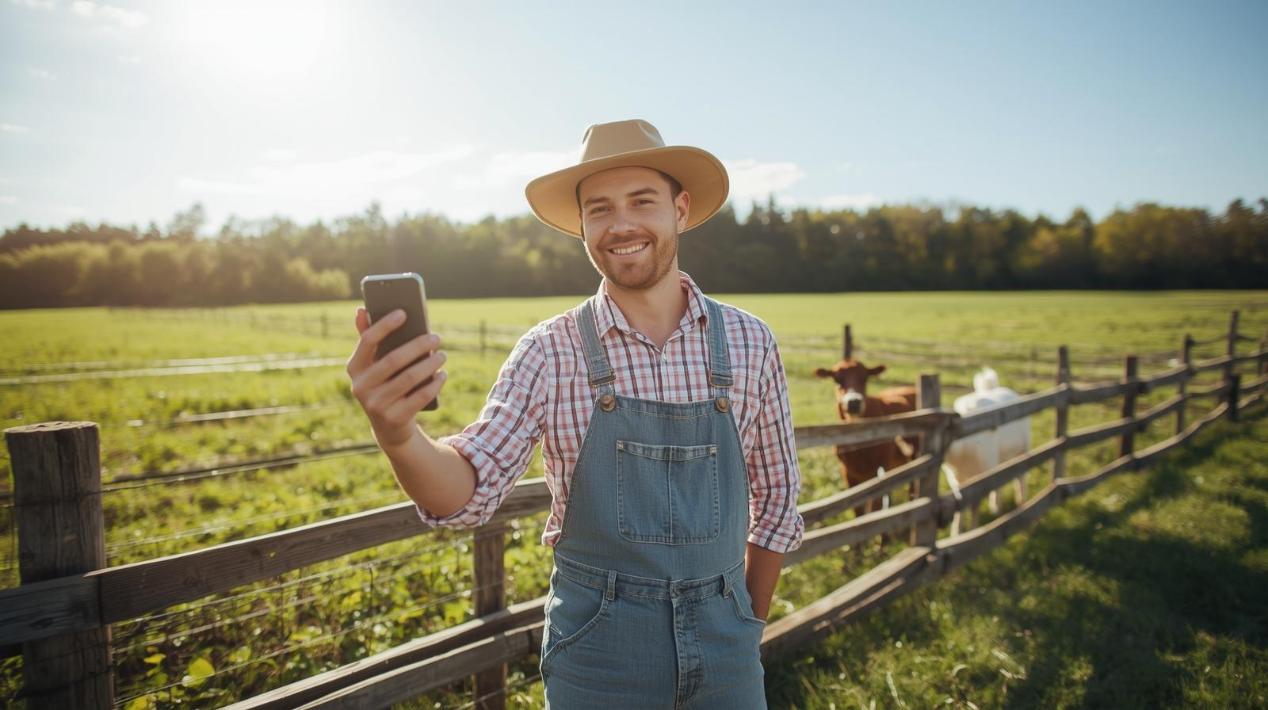 Farmer filming cheerful vlog outdoors with animals beside lush green fields in sunlight.