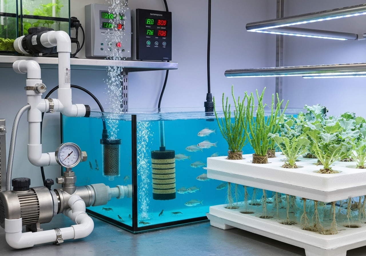 What core components make up a saltwater aquaponic system?