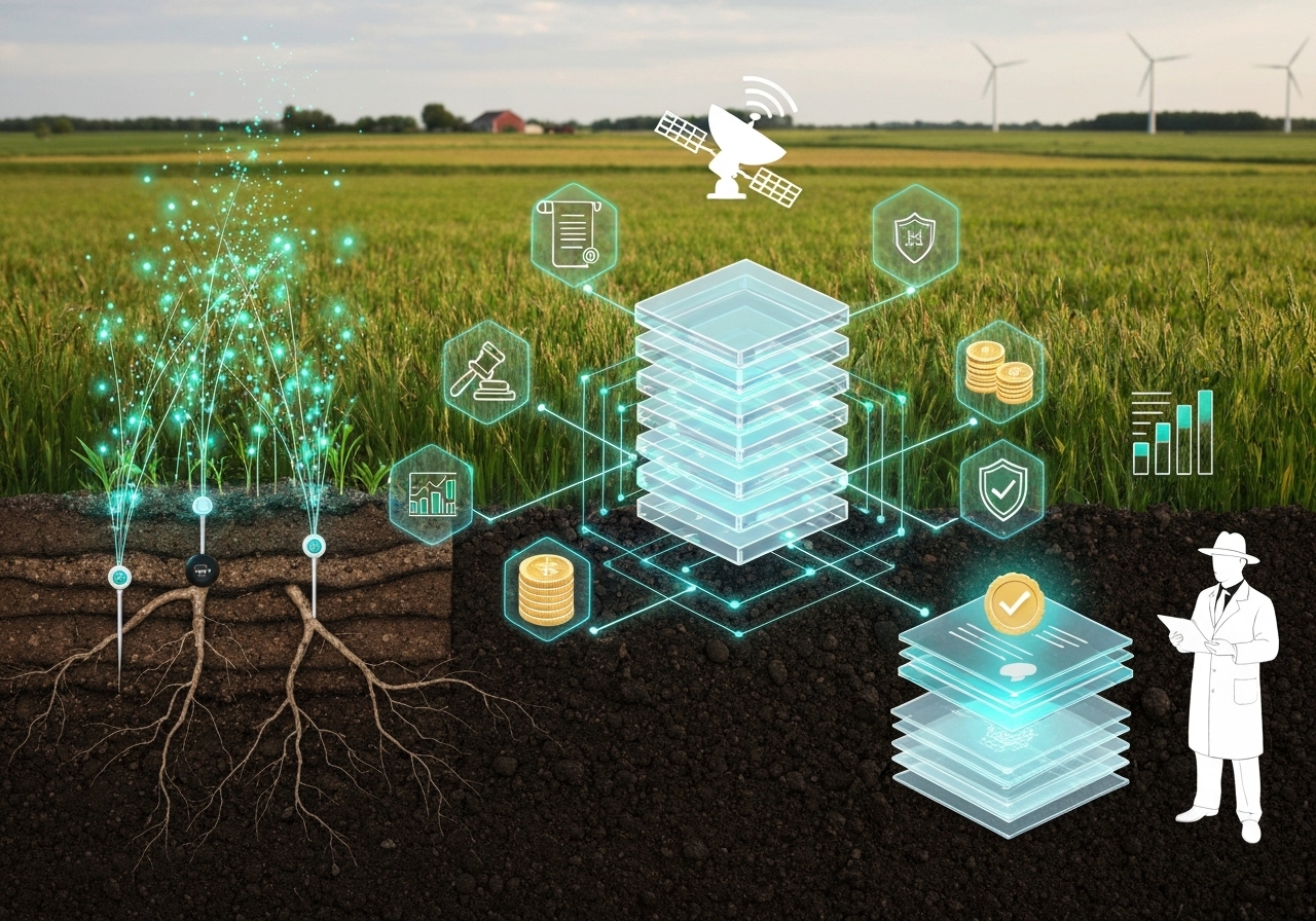 What are the core components of a blockchain system for soil carbon credits?