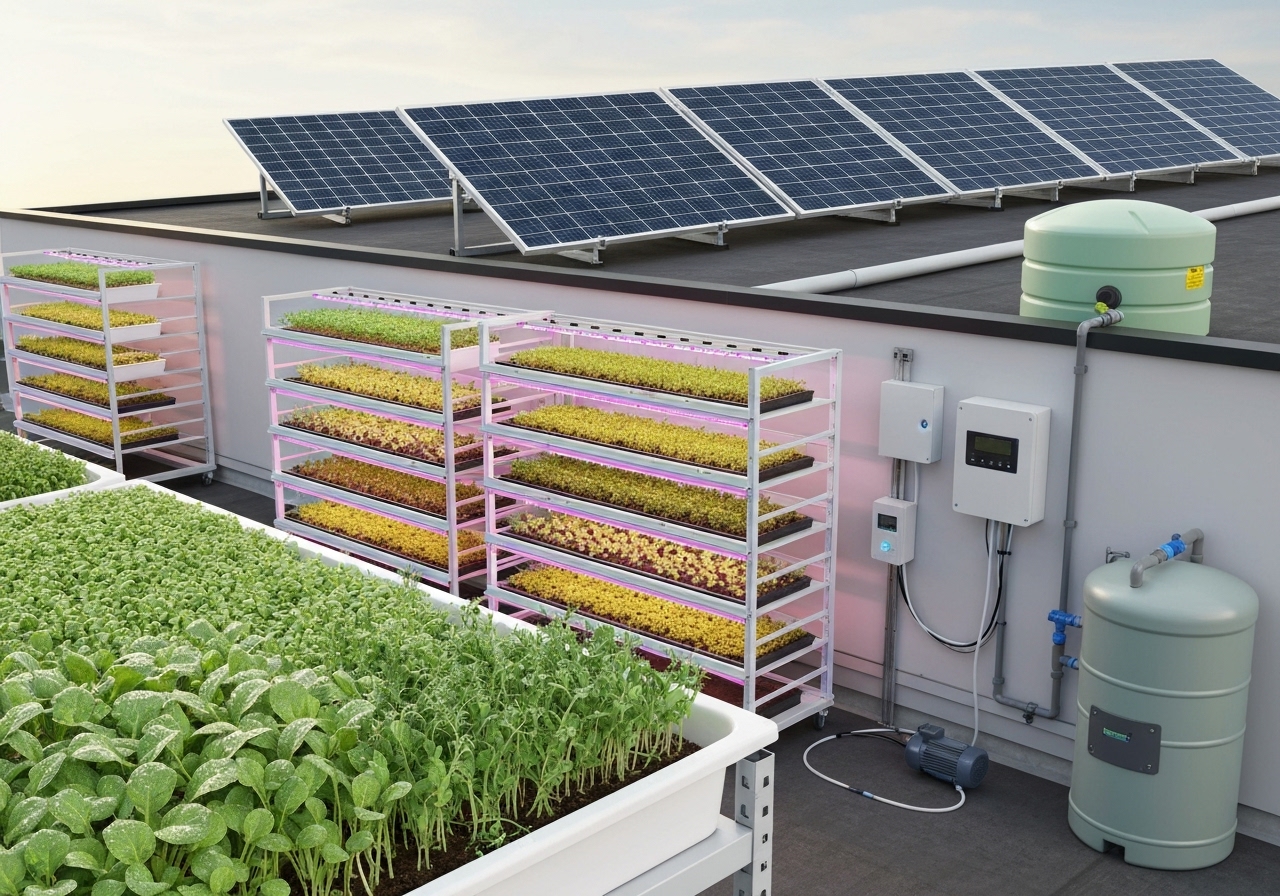 What design components are essential for a solar-powered microgreen farm?