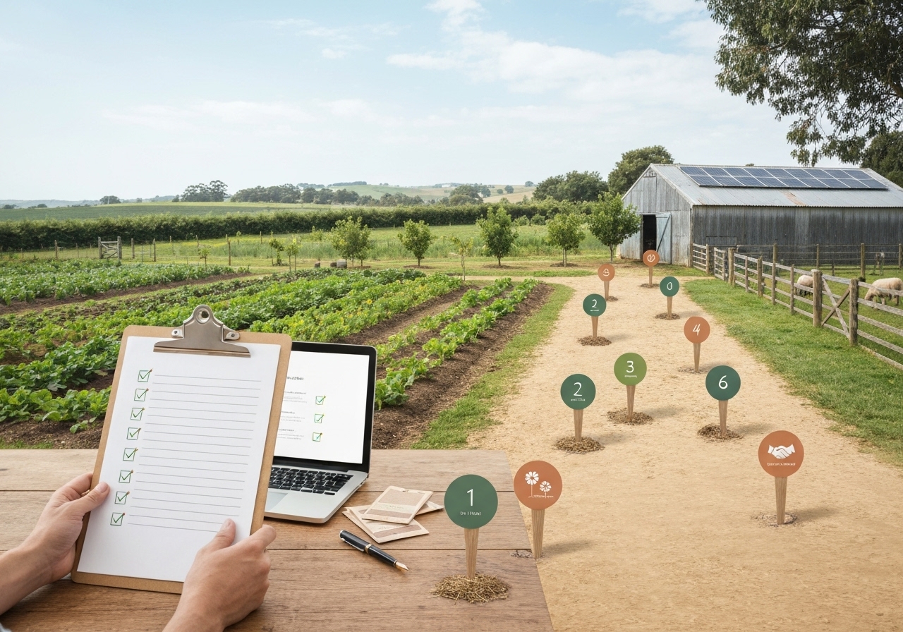 Answer: follow a 10-step implementation plan tailored to small-farm scale and regenerative goals.