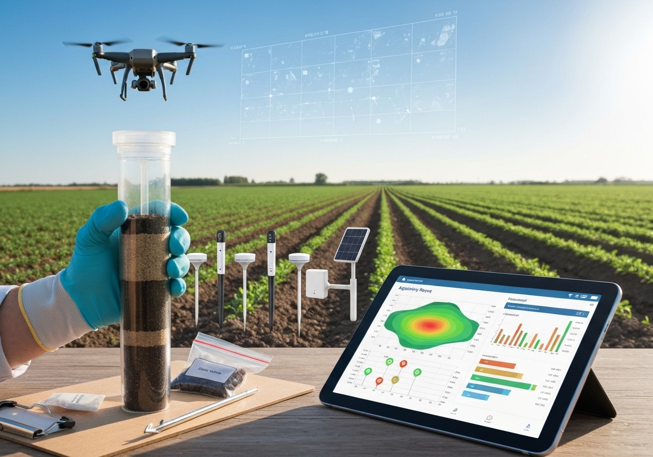 How do remote sensing and on-farm sensors complement soil sampling?