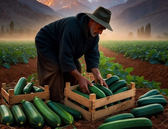 fresh zucchini into crates at sunrise