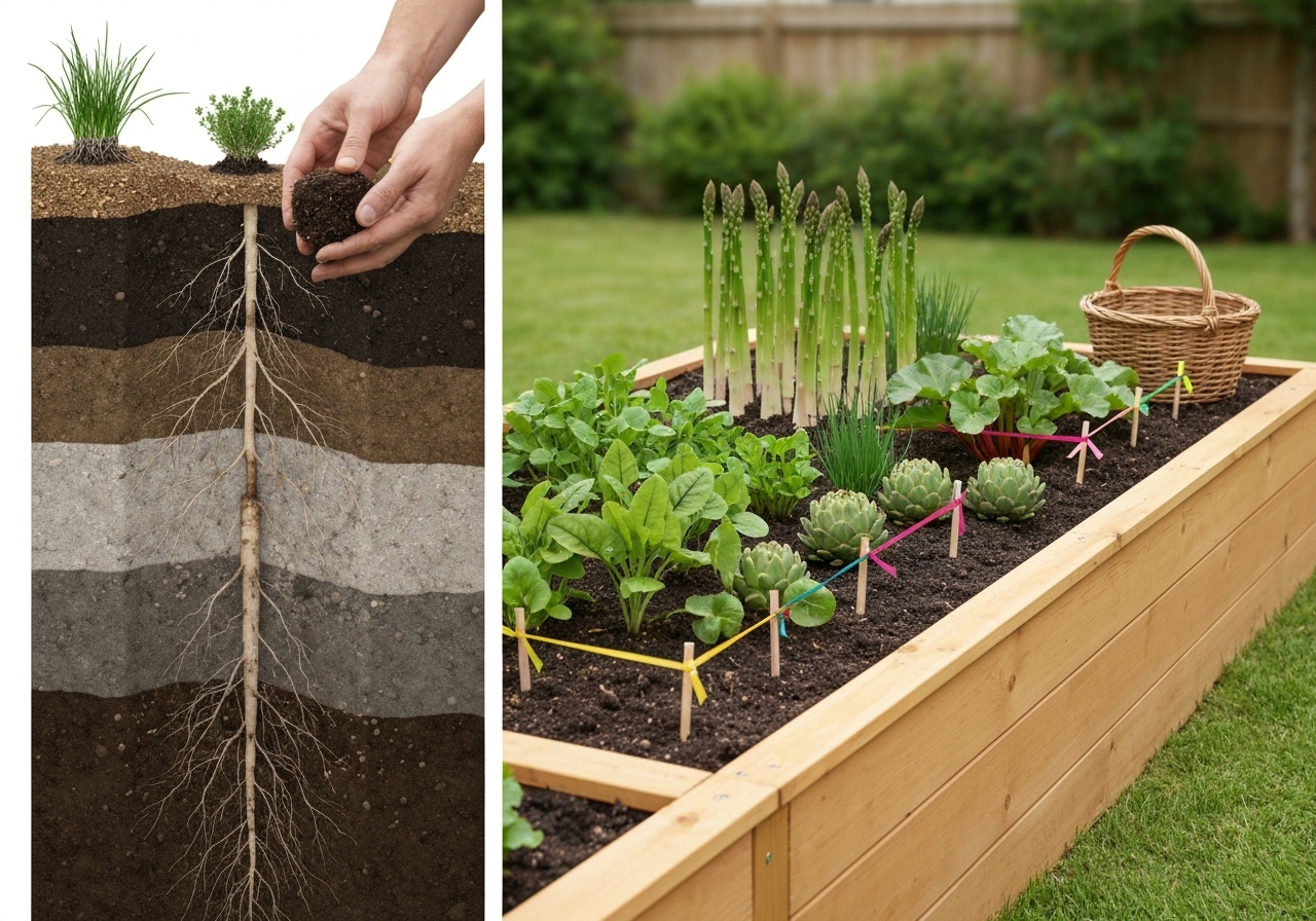 What is a perennial vegetable bed and why plan by root depth and yield?