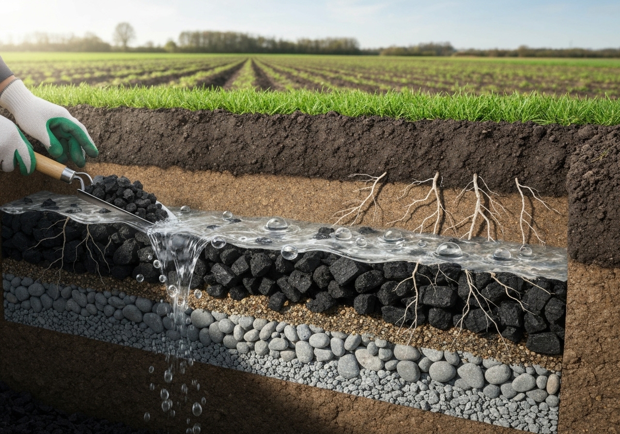 What are flow-channeling biochar trenches?