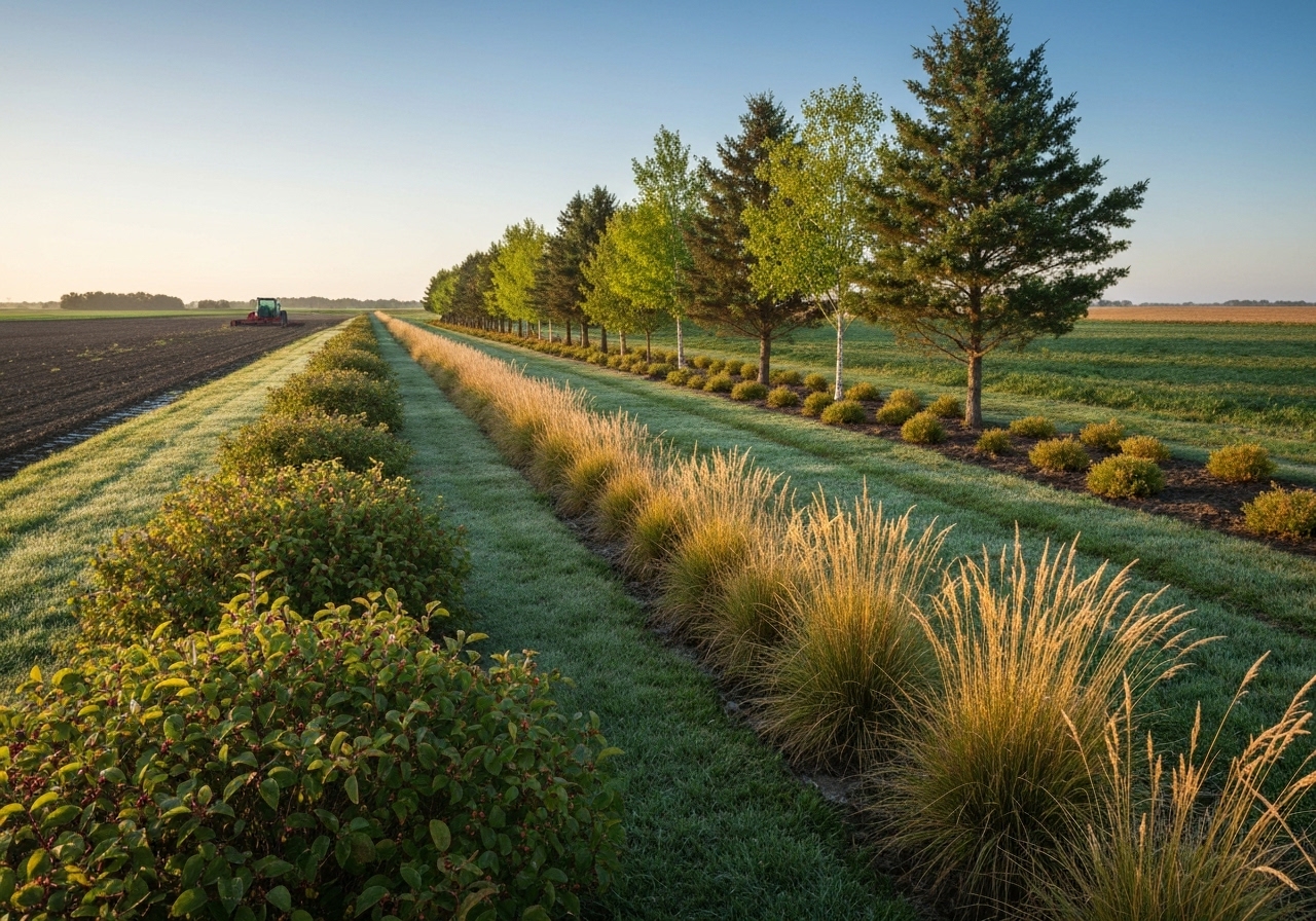 What species and layout work for mixed-height windbreaks?