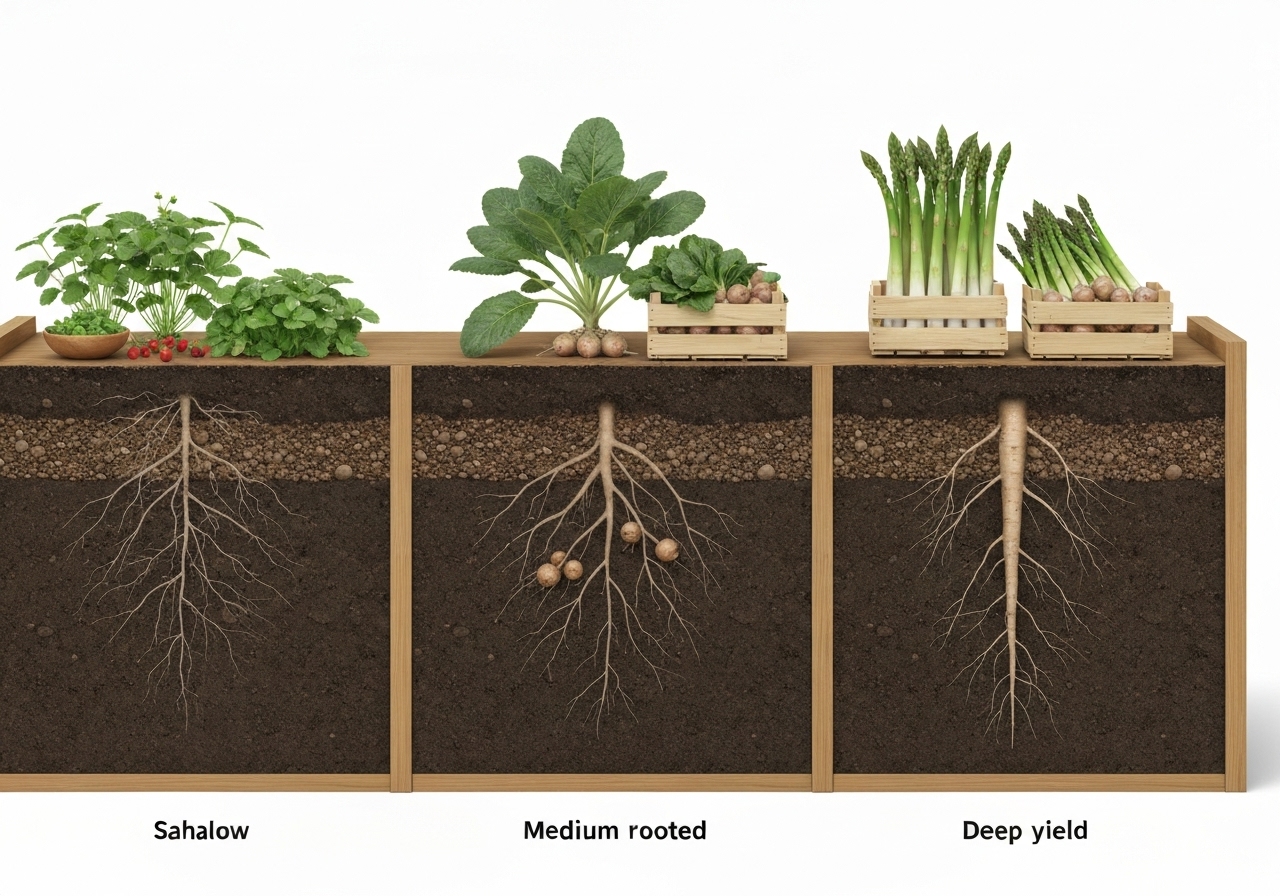 How do I choose perennial vegetable species by root depth and expected yield?