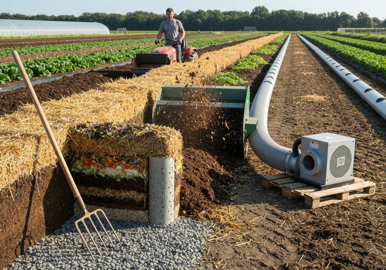 What aeration methods suit vegetable farm windrows?