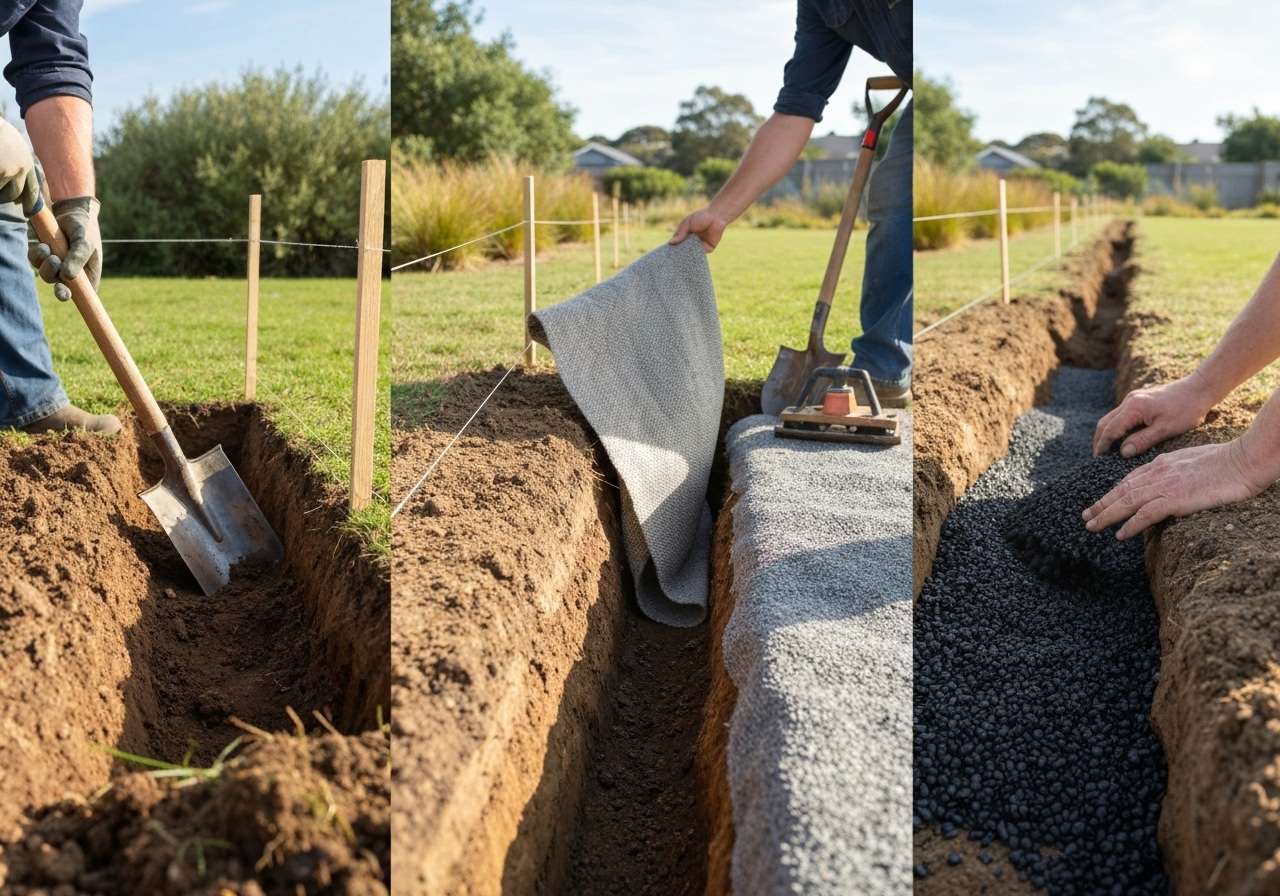How do you install flow-channeling biochar trenches step-by-step?
