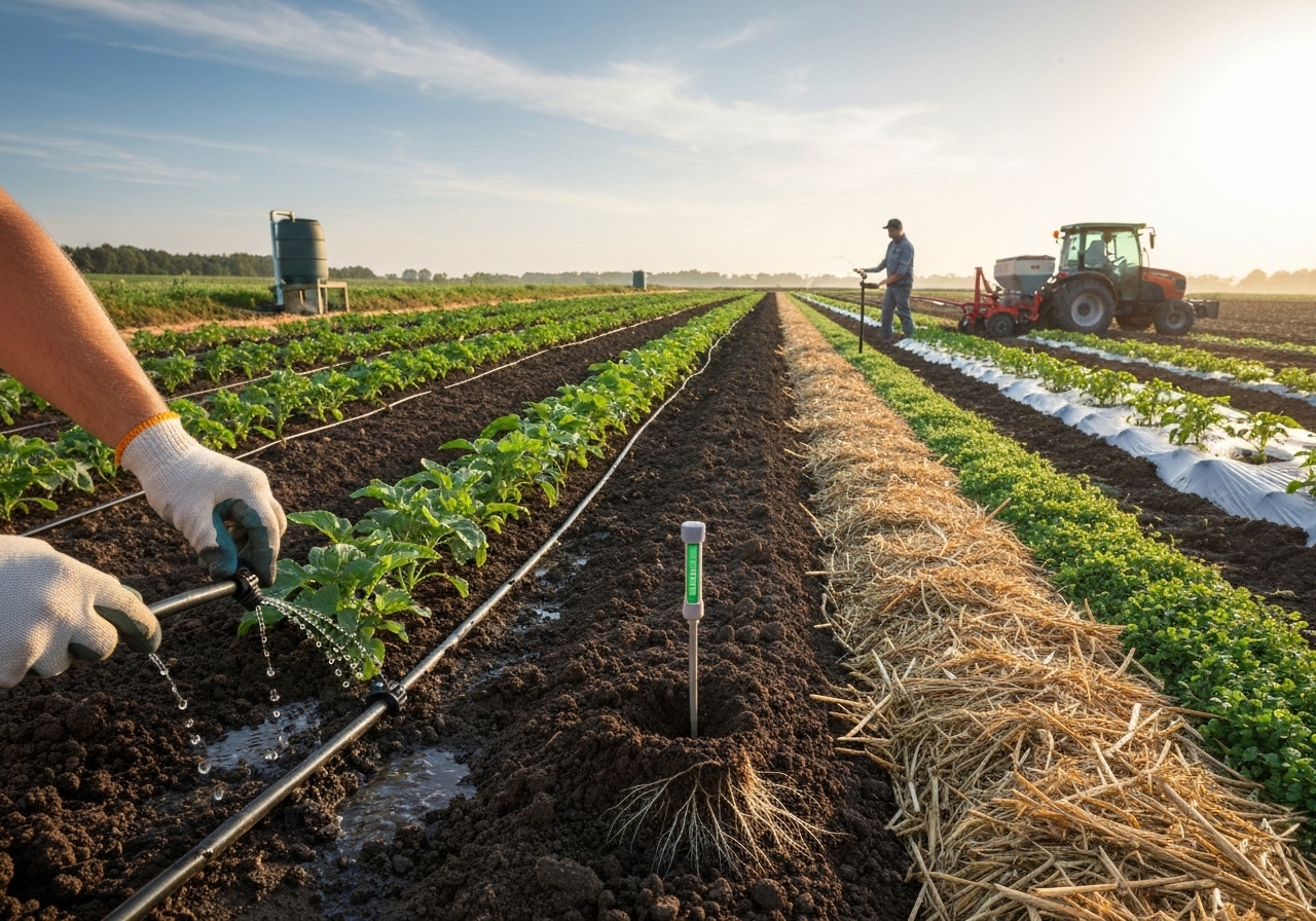 Which crop management tactics reduce water needs and improve yields?