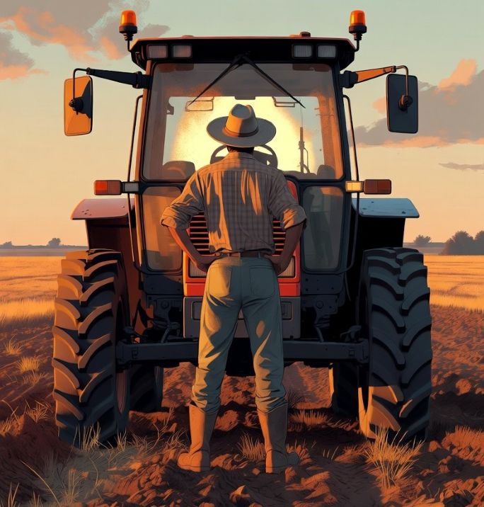 farmer inspecting a tractor windshield in a dusty field at sunrise