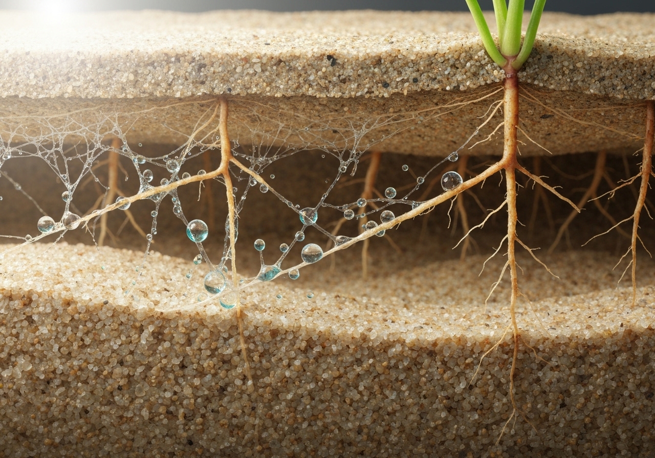 What role do fungal networks play in improving water retention in sandy soil?