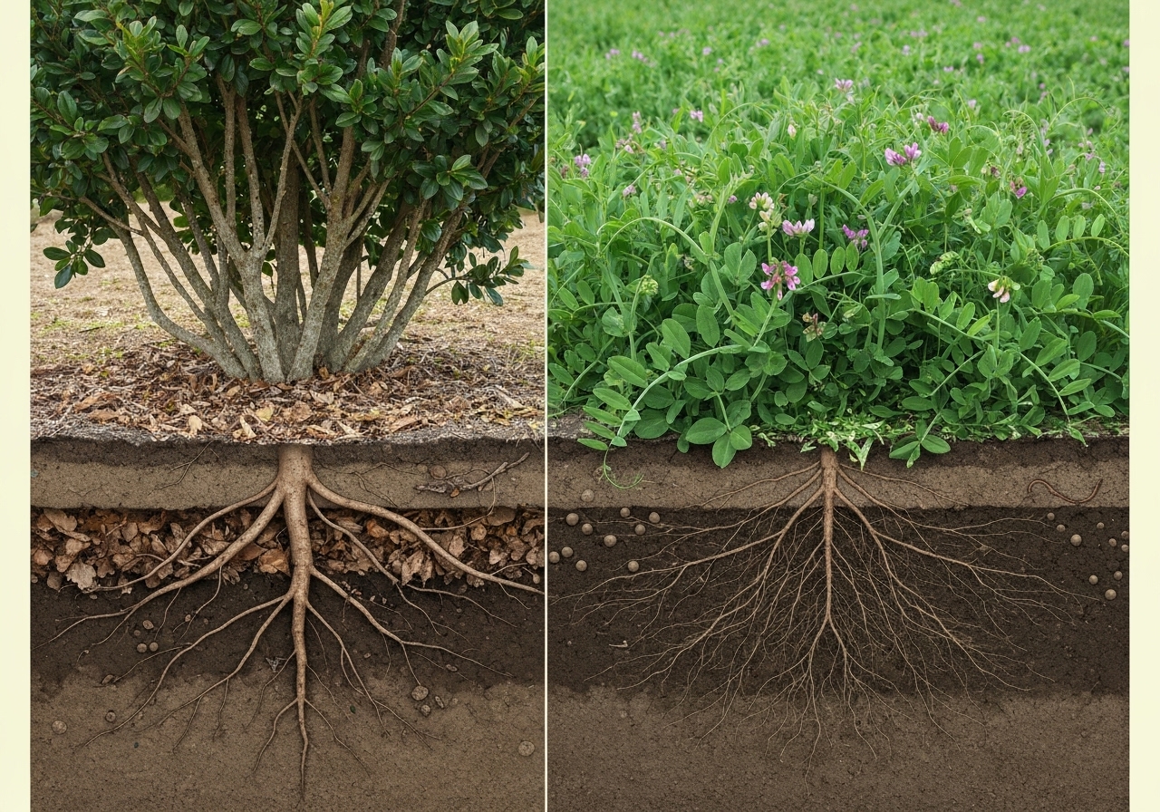 How do perennial shrubs compare with annual cover legumes for long-term soil N?