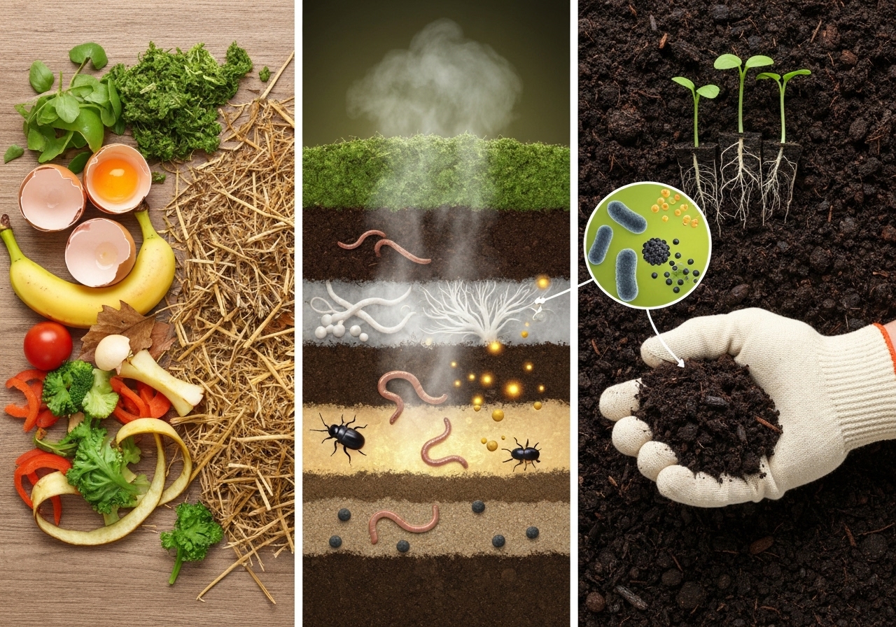 How does composting convert waste into soil carbon?