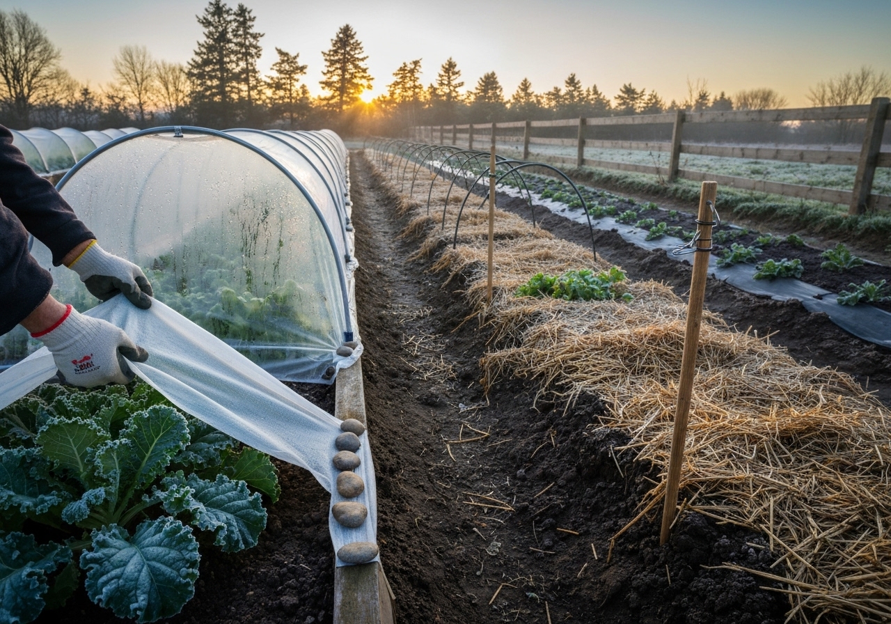 What wind and frost management tactics support season extension without greenhouses?