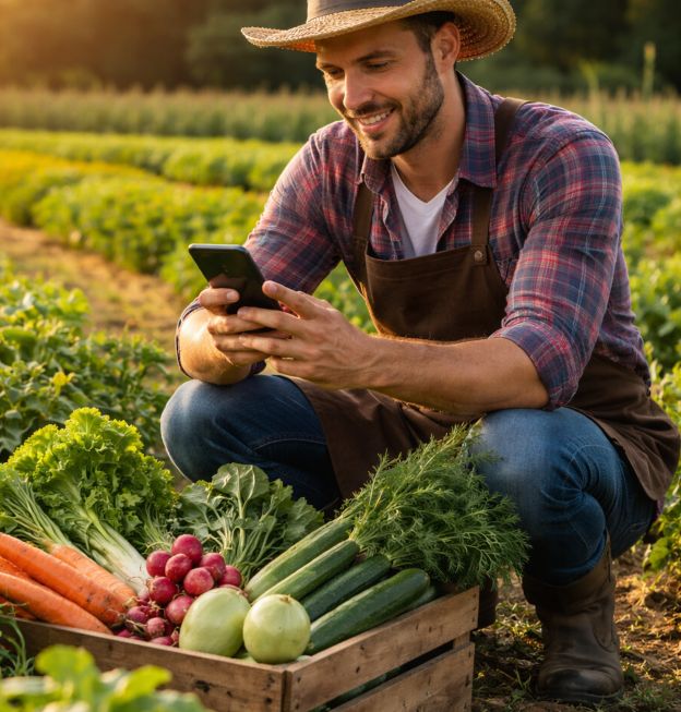 farmer using a smartphone in a field while harvesting vegetables